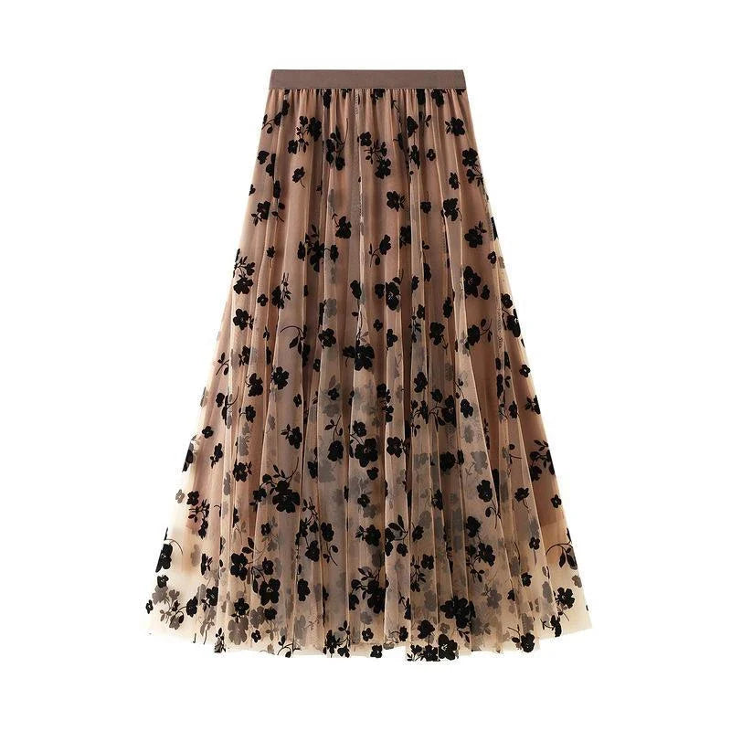 High Waisted Tulle Maxi Skirt Floral Mesh A Line Long Skirt Layered Sheer Party Evening Occasion Feminine Bottomwear