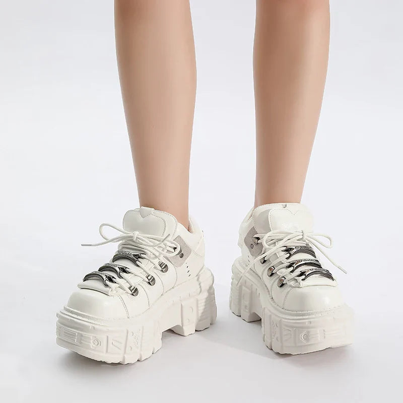 Women's White Platform Sneakers – Chunky Lace-Up Casual Walking Shoes, Goth Streetwear Platform Trainers for Everyday Fashion
