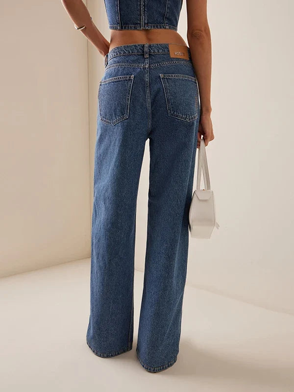 High Waisted Wide Leg Jeans Contrast Panel Denim Pants Relaxed Fit Full Length Baggy Streetwear Vintage Trousers