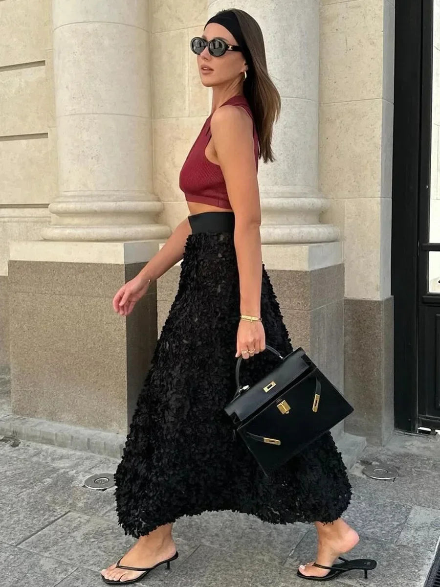 High Waisted Textured Maxi Skirt A Line Long Flared Skirt Asymmetrical Hem Boucle Style Elegant Boho Occasion Wear