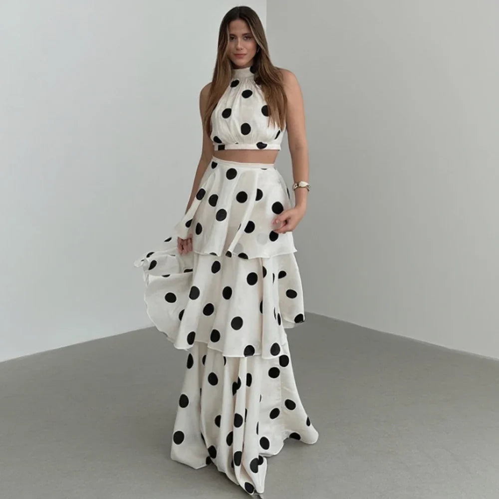 Halter Crop Top & Tiered Maxi Skirt Co-Ord Set | Polka Dot Two Piece Outfit with Ruffle Layers | Chic Summer Party & Vacation Matching Set