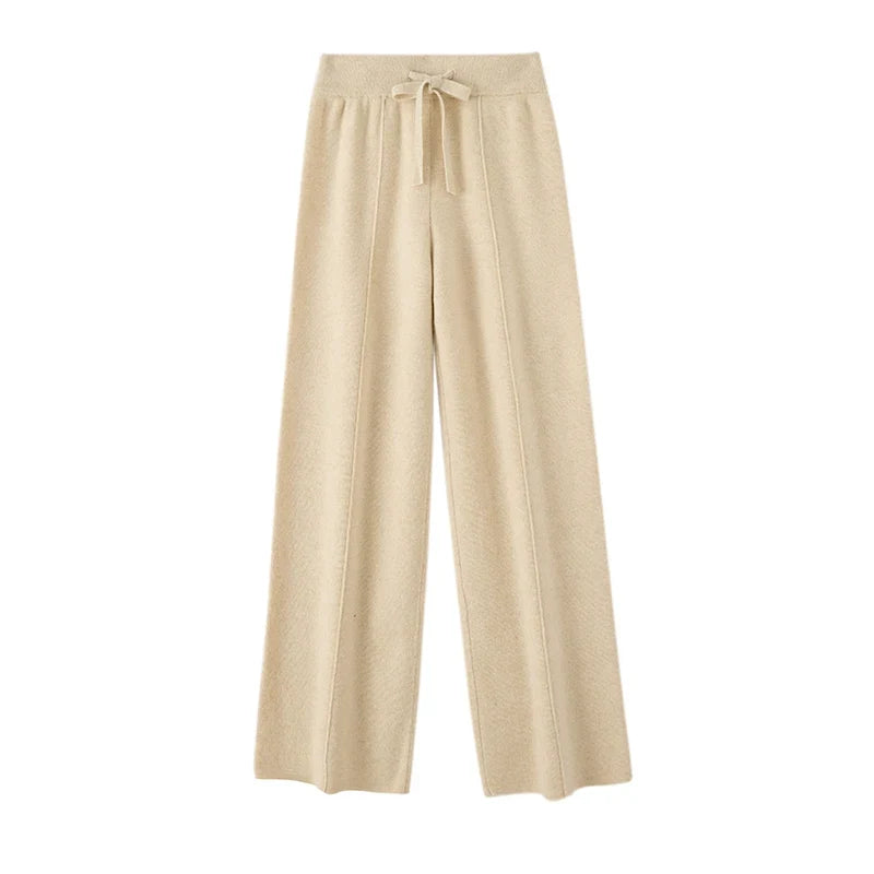High Waisted Wide Leg Knit Pants Drawstring Relaxed Fit Straight Leg Trousers Soft Stretch Casual Lounge Bottoms