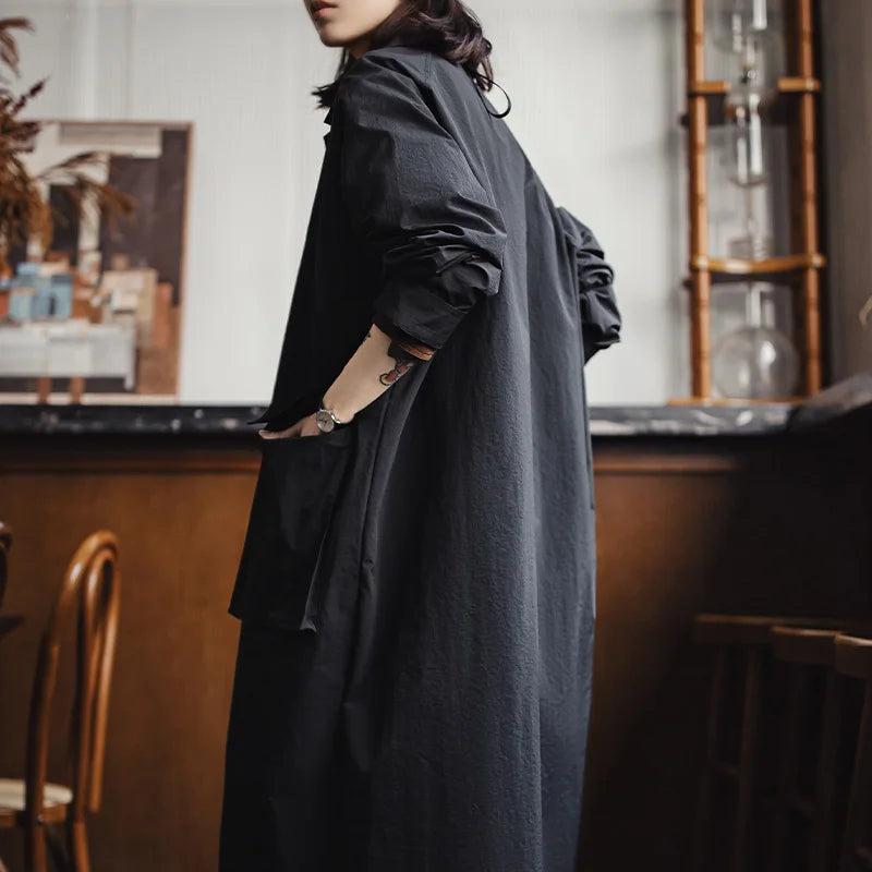 Oversized Longline Shirt Coat, Button Front Utility Jacket with Wide Collar and Large Patch Pockets, Minimalist Casual Outerwear