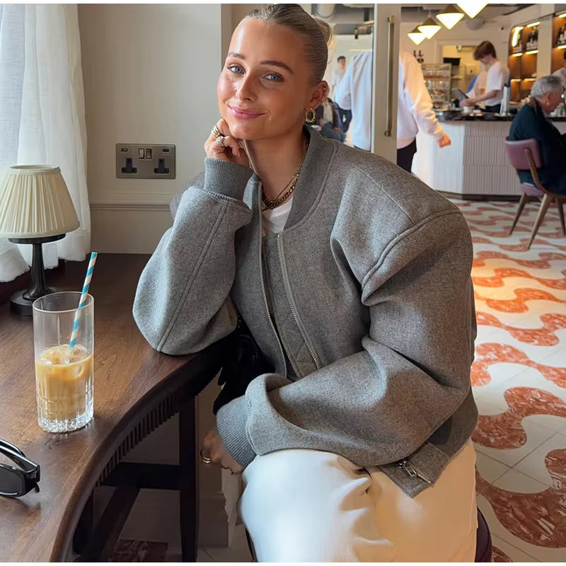 Oversized & Bomber Jacket – Women's Zip Up Wool Look Jacket with Padded Shoulders, Ribbed Collar and Relaxed Long Sleeve Fit