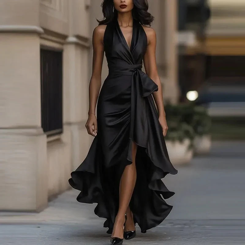 Draped Halter Midi Dress – Elegant Ruched Waist Wrap Dress with Asymmetrical Ruffle Hem for Weddings, Cocktail Parties & Evening Events