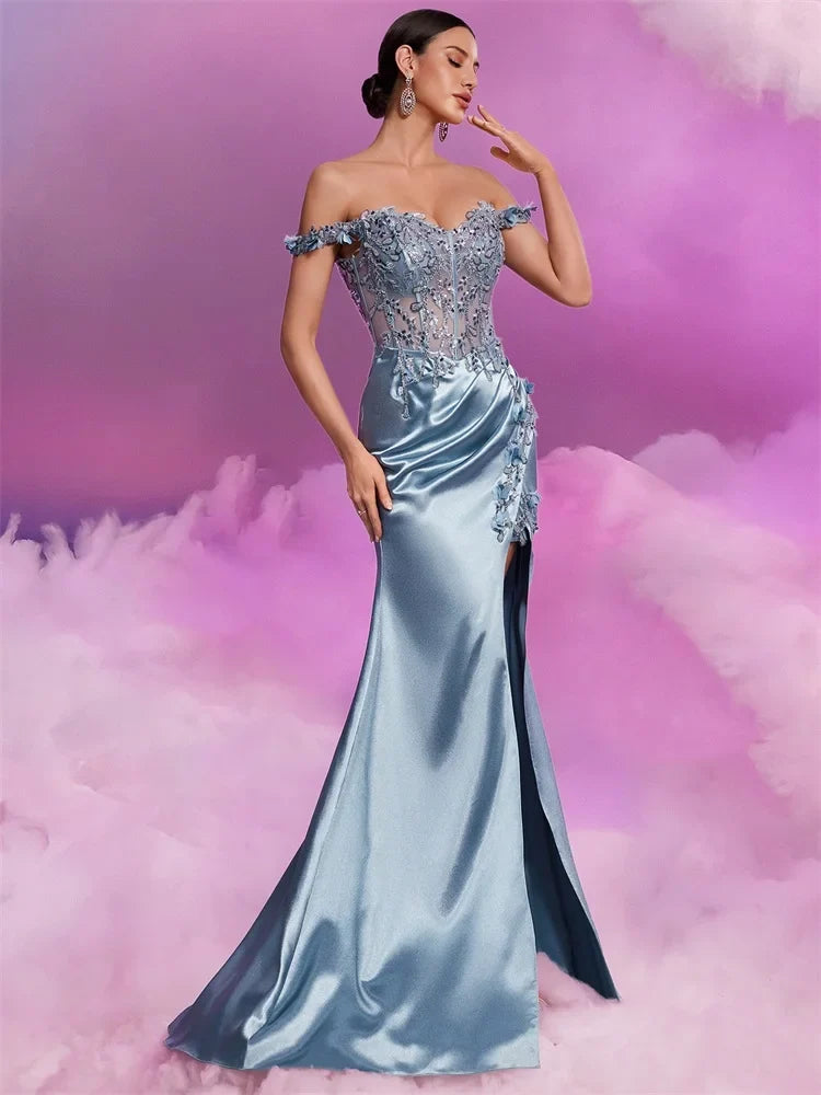 Satin Evening Gown – Off Shoulder Maxi Dress with Embellished Corset Bodice, Draped Skirt and High Side Slit for Weddings & Formal Events
