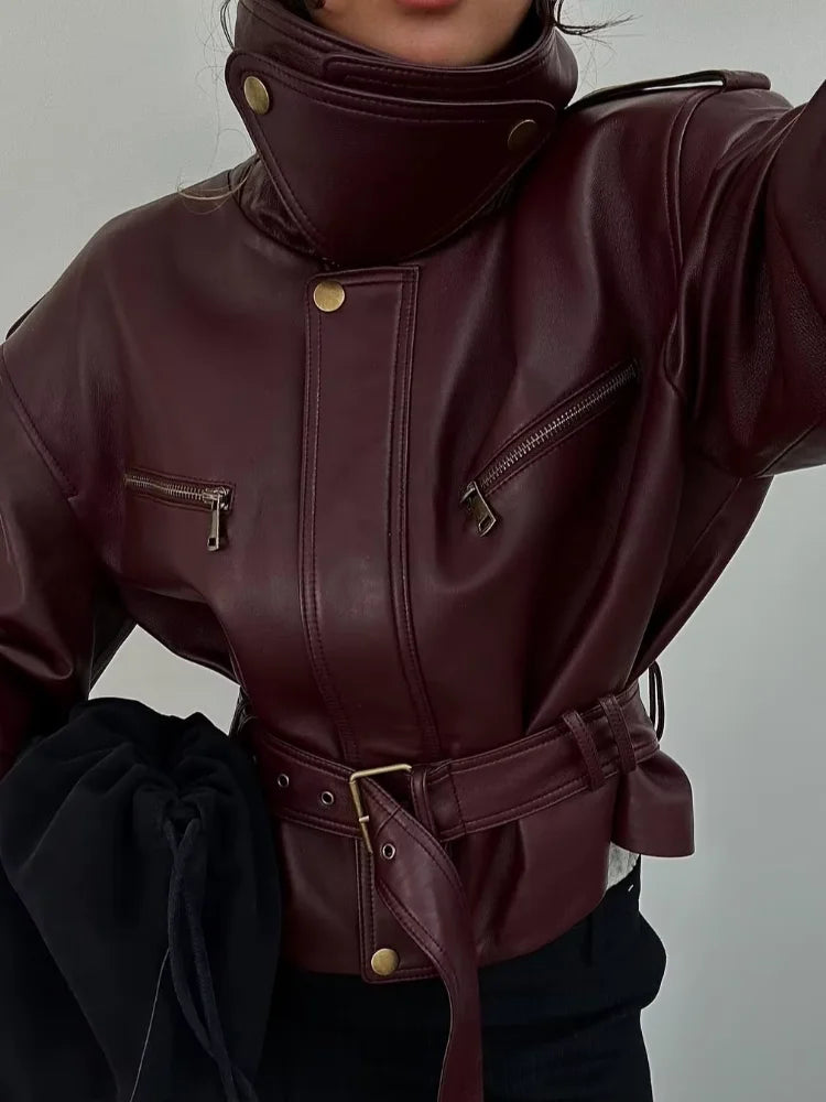 Faux Leather Biker Jacket, Belted Moto Jacket with High Neck and Utility Pockets, Structured Chic Streetwear Outerwear