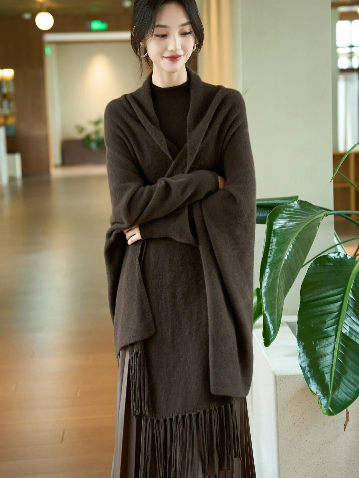 Women's Oversized Scarf Wrap, Solid Color Long Shawl with Fringed Ends, Neutral Winter Scarf for Women
