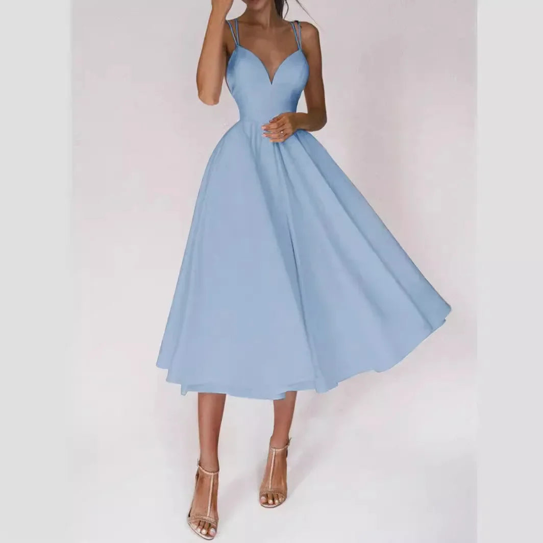 Elegant A-Line Midi Dress – Sleeveless Fitted Bodice Dress with Flared Full Skirt for Weddings, Bridal Events, Brunch & Special Occasions