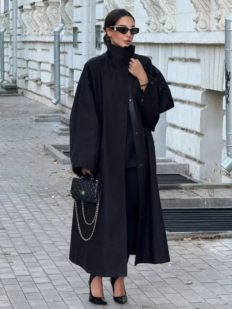 Longline Cape Coat, High Neck Button-Up Coat with Draped Cape Sleeves and Relaxed Fit, Elegant Minimalist Winter Outerwear