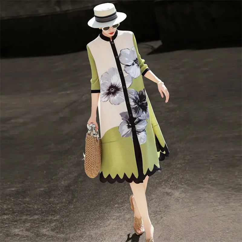 Floral Shift Midi Dress – Short Sleeve A Line Dress with Stand Collar, Front Button Closure, Contrast Trim and Scalloped Hem