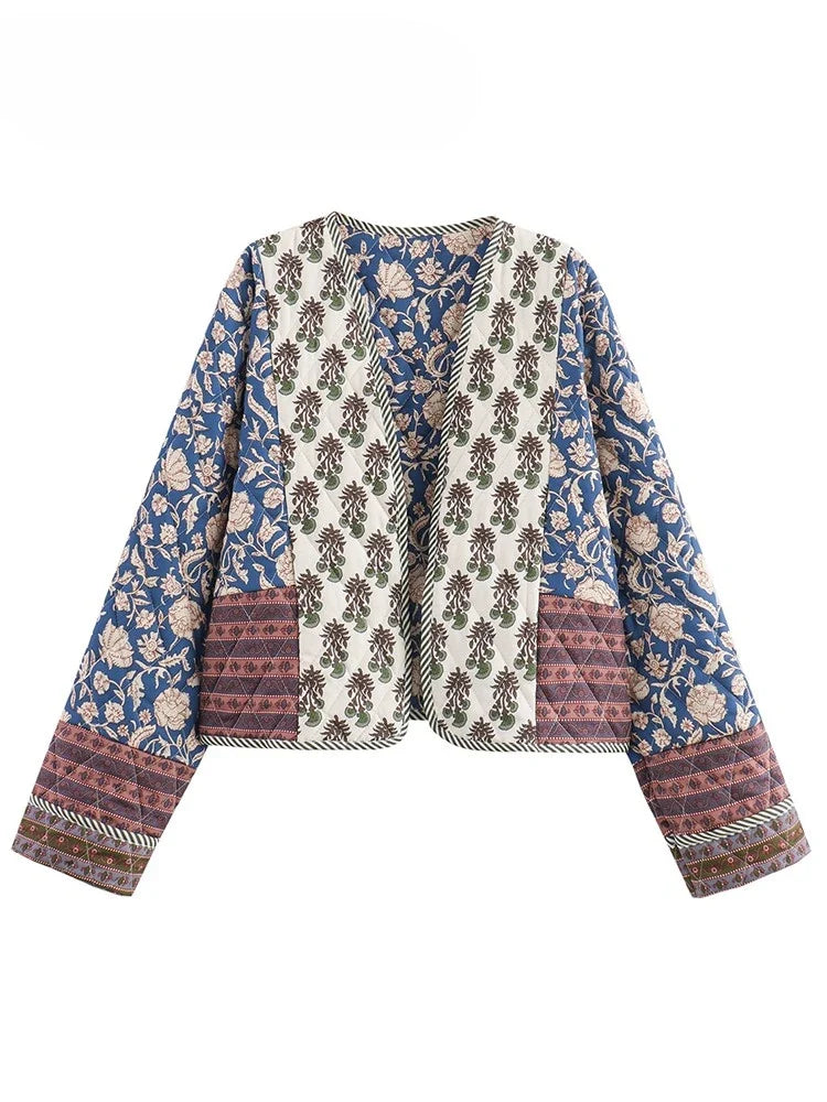 Embroidered Patchwork Jacket, Open Front Floral Printed Cropped Jacket with Contrast Cuffs, Boho Chic Statement Outerwear