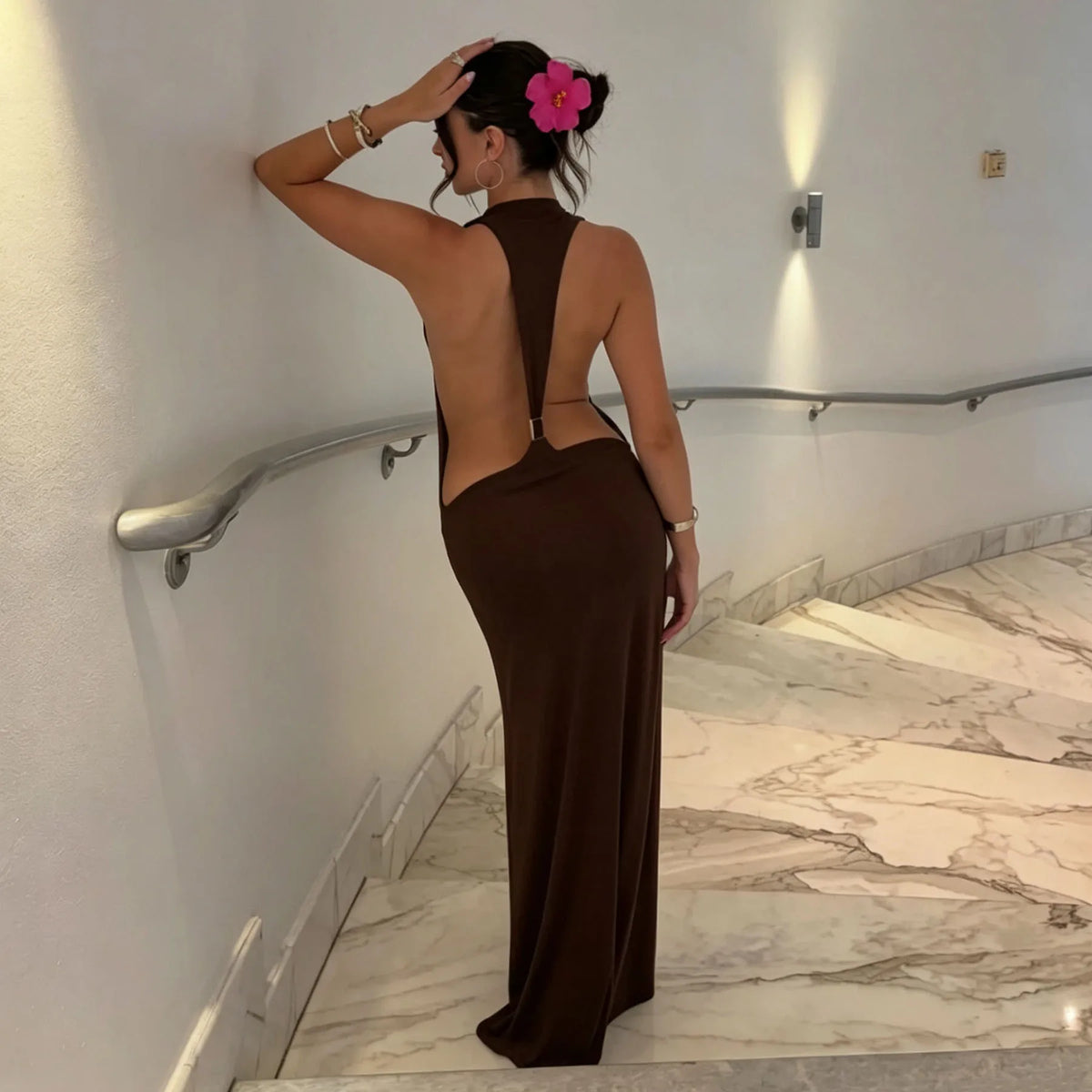 Backless Maxi Dress – Halter Neck Open Back Dress with Draped Silhouette, Low Back Design and Elegant Floor-Length Style
