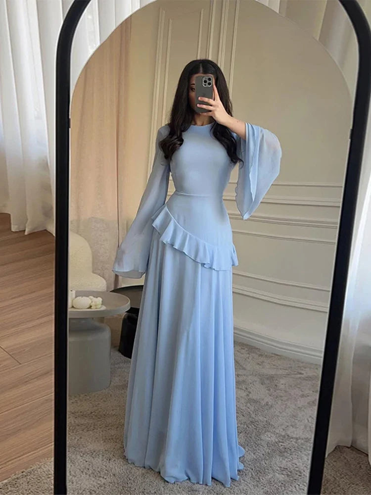 Elegant Maxi Dress – Long Sleeve Ruched Waist Gown with Draped Bodice and Flowing Floor-Length Skirt for Weddings & Formal Events