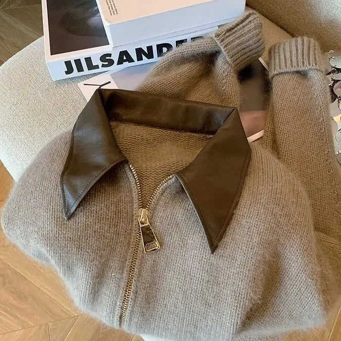 Cropped Knit Jacket, Zip-Up Sweater with Faux Leather Collar and Ribbed Trim, Cozy Casual Cardigan for Fall Winter