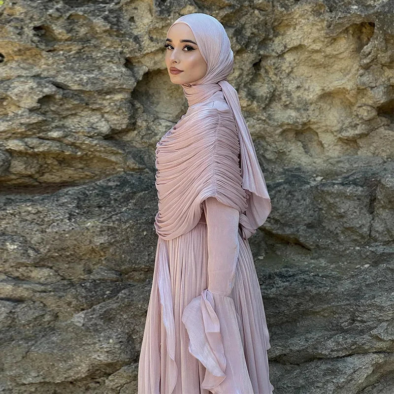 Dubai Women Dress Abaya Pleated Muslim Jalabiya Ramadan Vestidos Largos Islam Party Dresses Arab Long Robe