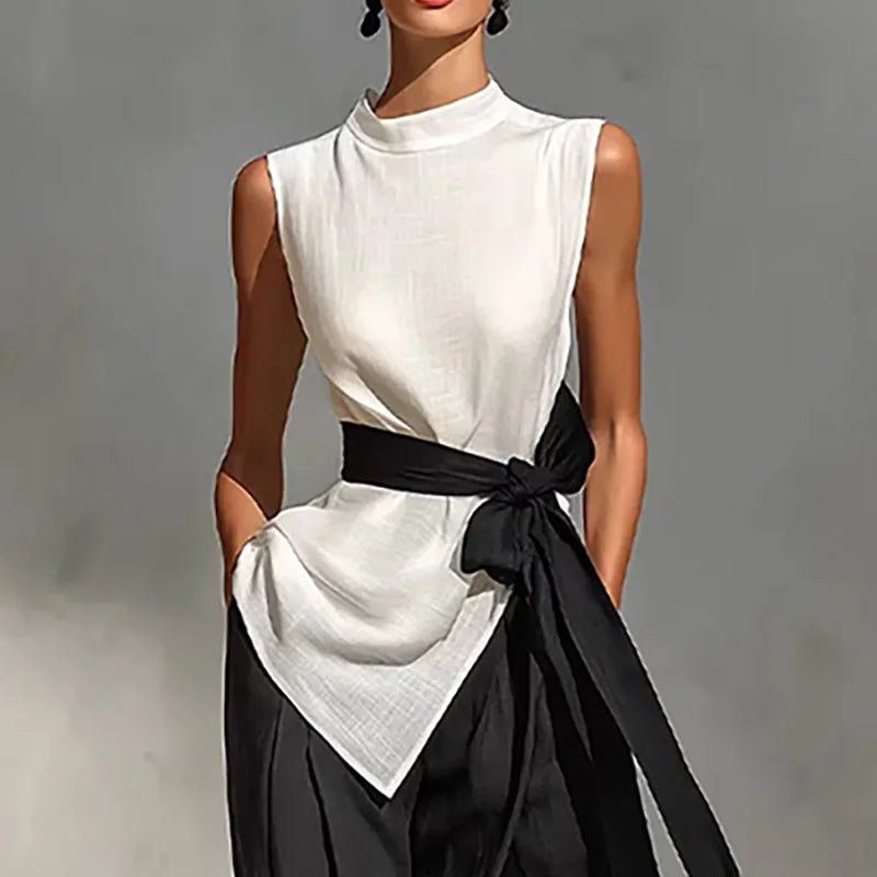 Sleeveless Satin Top & Wide Leg Pants Co-Ord Set with Waist Tie | Elegant Two Piece Outfit | Chic Evening & Formal Matching Set