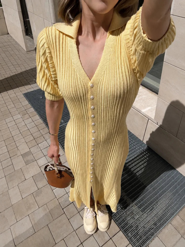 Ribbed Knit Mini Dress – V-Neck Short Puff Sleeve Dress with Button Front, Fitted Waist and Flared Hem for Casual & Summer Wear