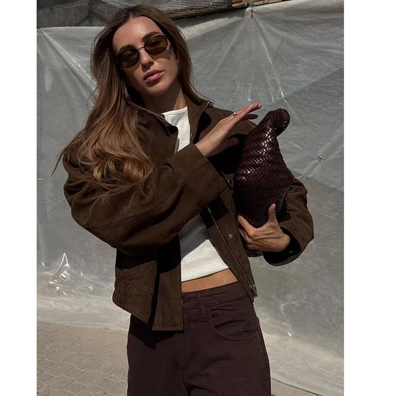 Women's Vintage Cropped Jacket, Relaxed Utility Jacket with Stand Collar, Casual Lightweight Fall Outerwear