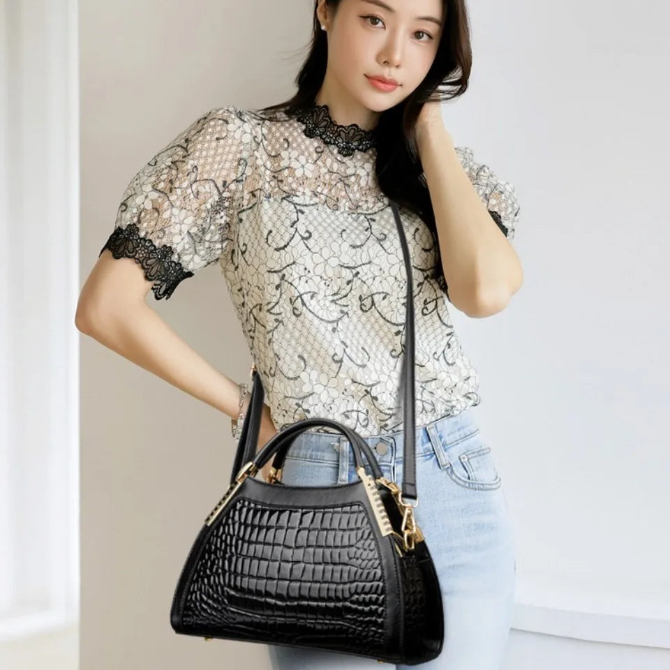 Crocodile Embossed Handbag, Elegant Structured Top Handle Satchel with Adjustable Crossbody Strap, Textured Shoulder Purse for Work & Everyday Use