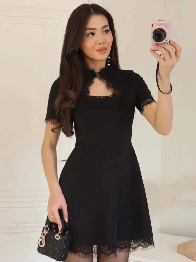 Lace Trim Mini Dress – Short Sleeve A-Line Dress with Round Neck, Fitted Waist, Lace Hem and Feminine Silhouette for Parties & Events