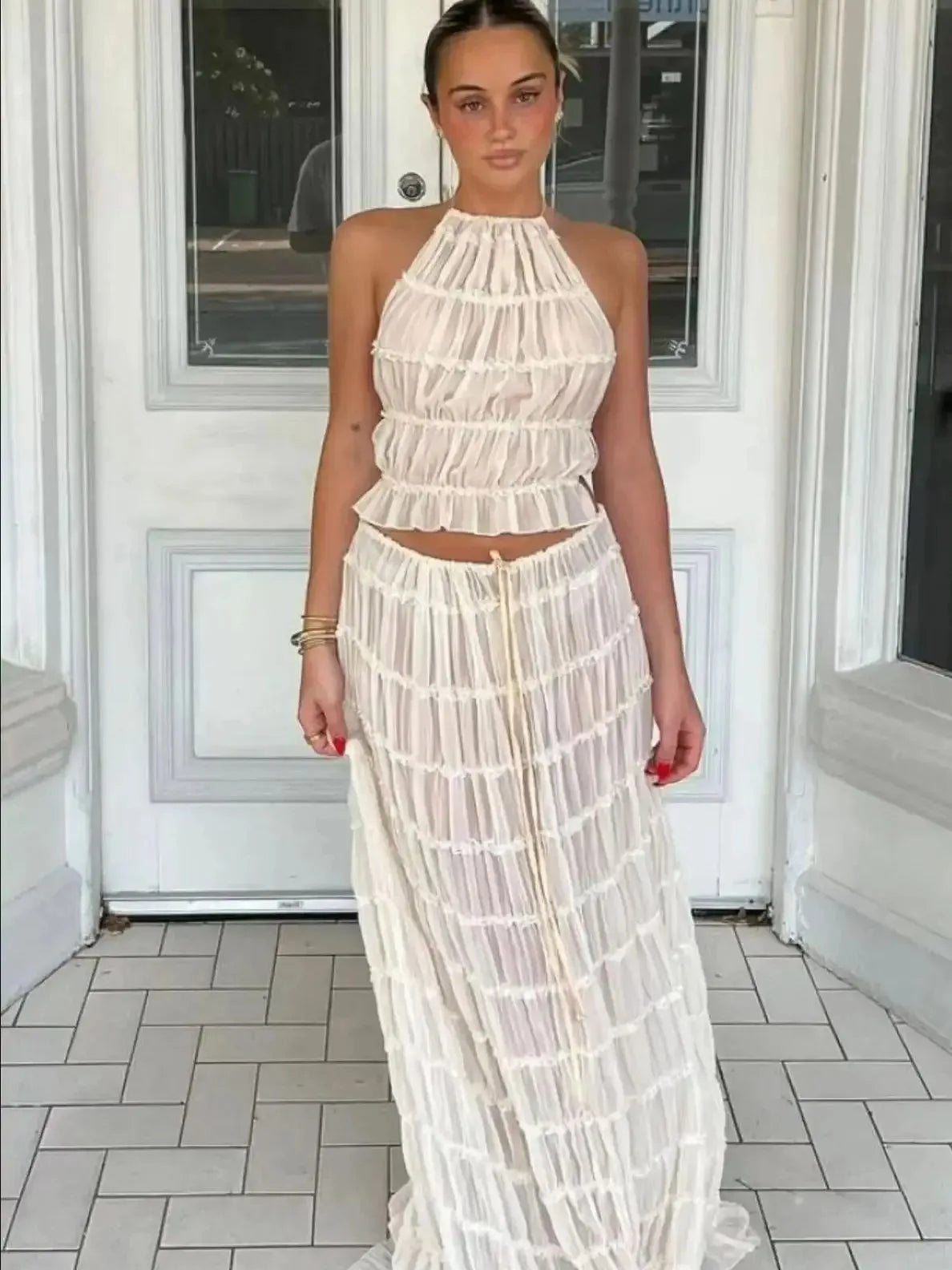 Halter Crochet Crop Top & Maxi Skirt Co-Ord Set | Sleeveless Two Piece Open Knit Outfit | Chic Beach Vacation & Resort Matching Set