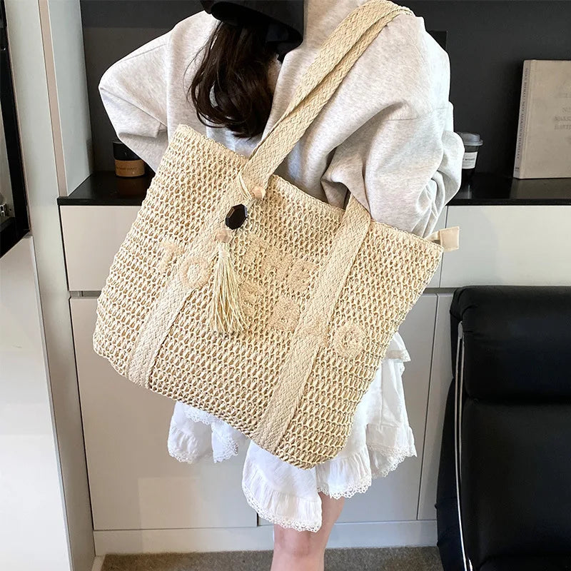 Woven Straw Tote Bag, Boho Beach Shoulder Bag, Large Casual Summer Handbag with Long Handles for Travel, Shopping & Everyday Use