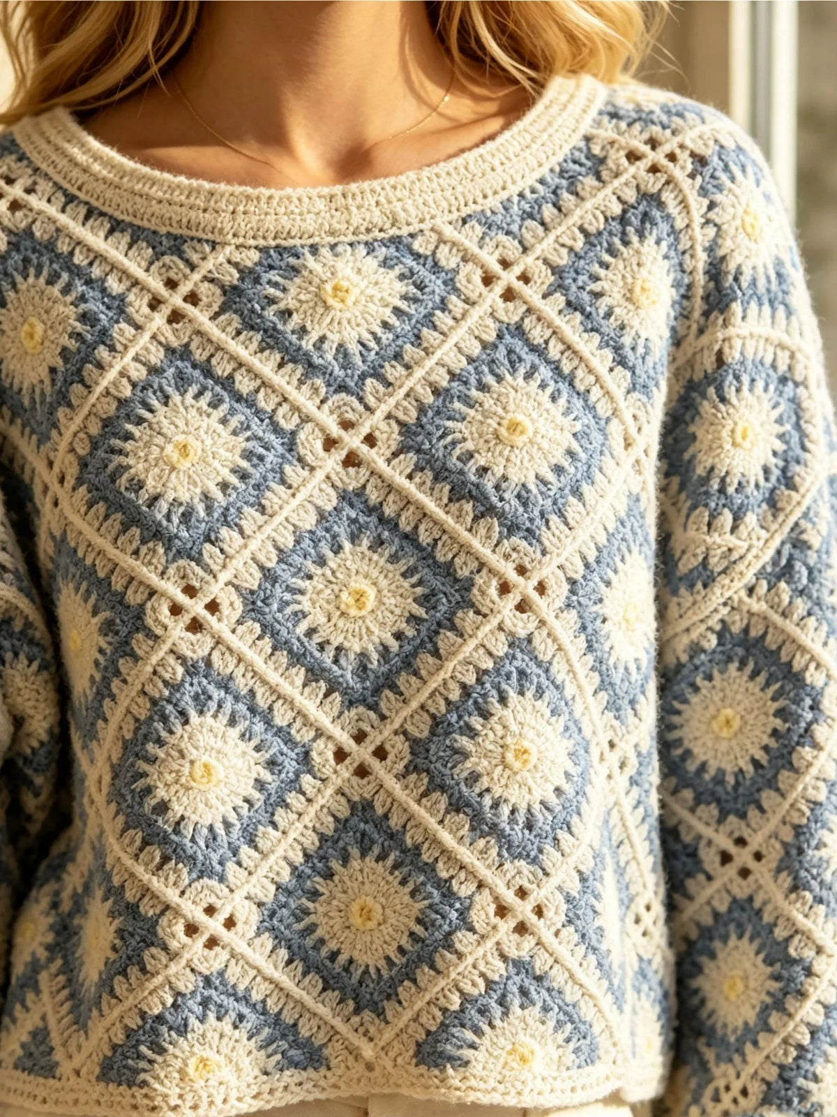 Crochet Granny Square Sweater, Boho Cropped Knit Pullover with Floral Geometric Pattern and Bell Sleeves, Vintage Chic Knitwear
