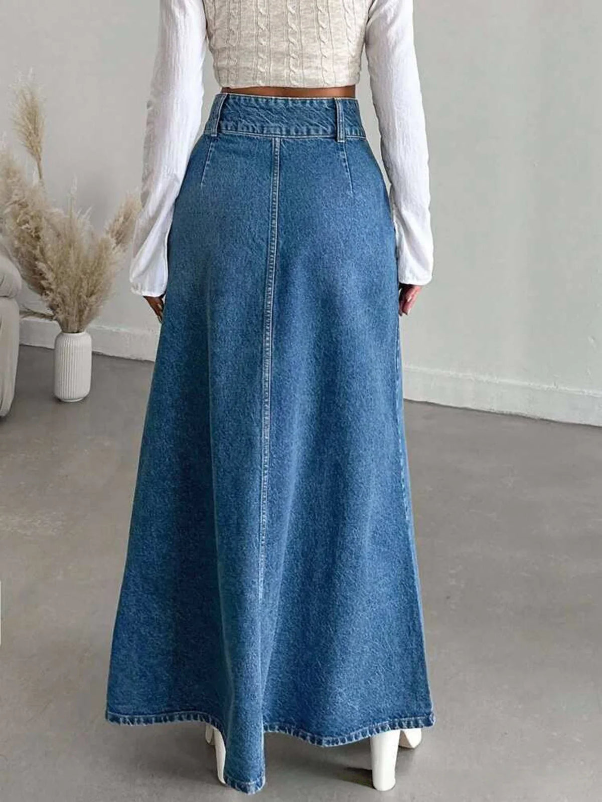 High Waisted Denim Maxi Skirt A Line Long Jean Skirt Flared Full Length Casual Streetwear Vintage Inspired
