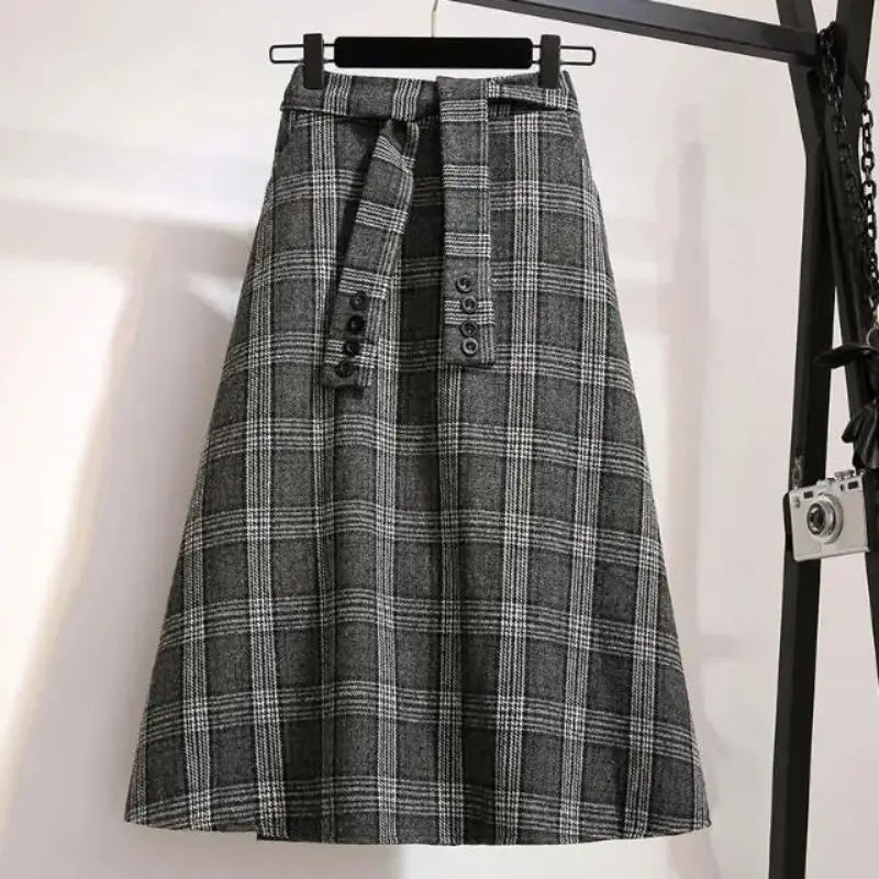 High Waisted Plaid Midi Skirt A Line Tartan Skirt Flared Long Skirt Button Detail Preppy Vintage Inspired Casual Wear