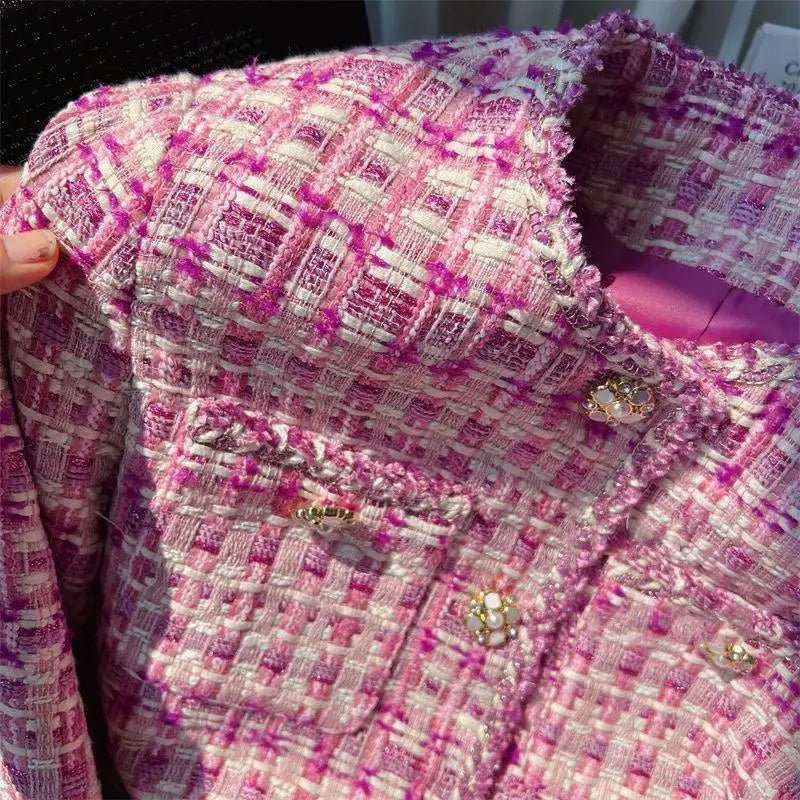 Textured Tweed Jacket, Cropped V-Neck Jacket with Button Front and Frayed Trim, Elegant Feminine Casual Outerwear