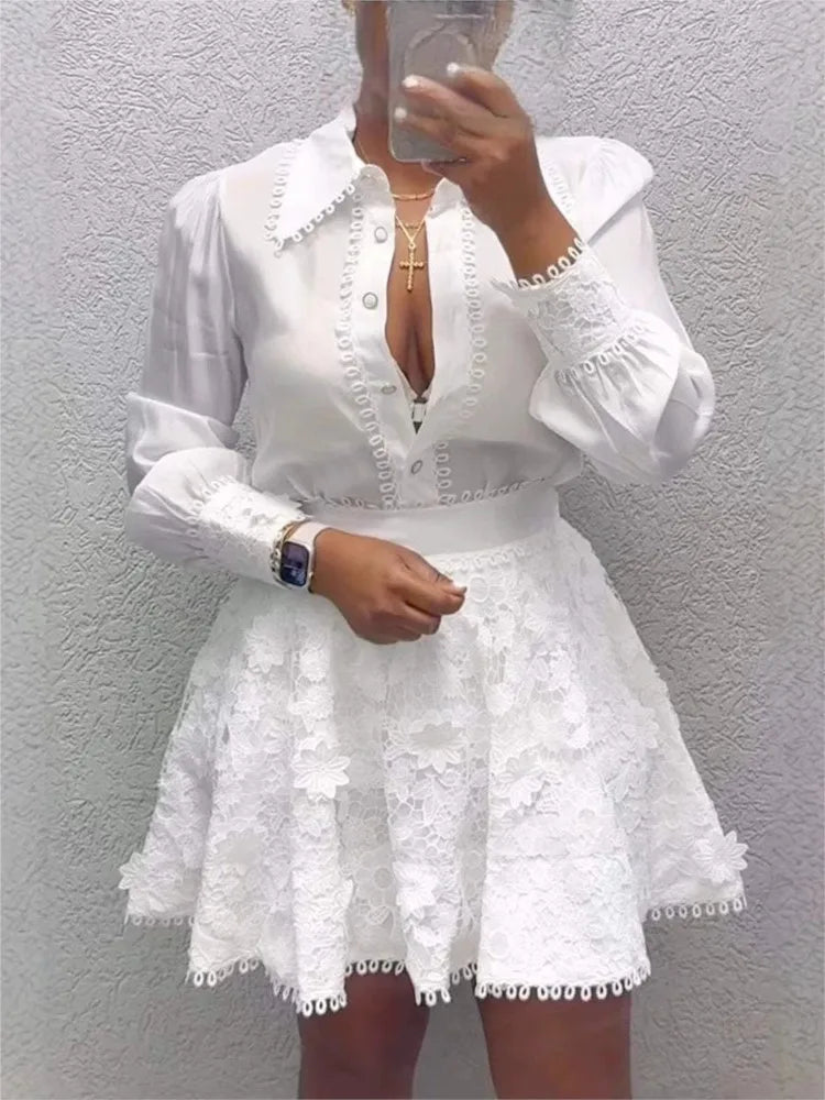 Embellished Button Front Shirt & Embroidered Mini Skirt Co-Ord Set | Long Sleeve Two Piece Outfit | Elegant Party Matching Set