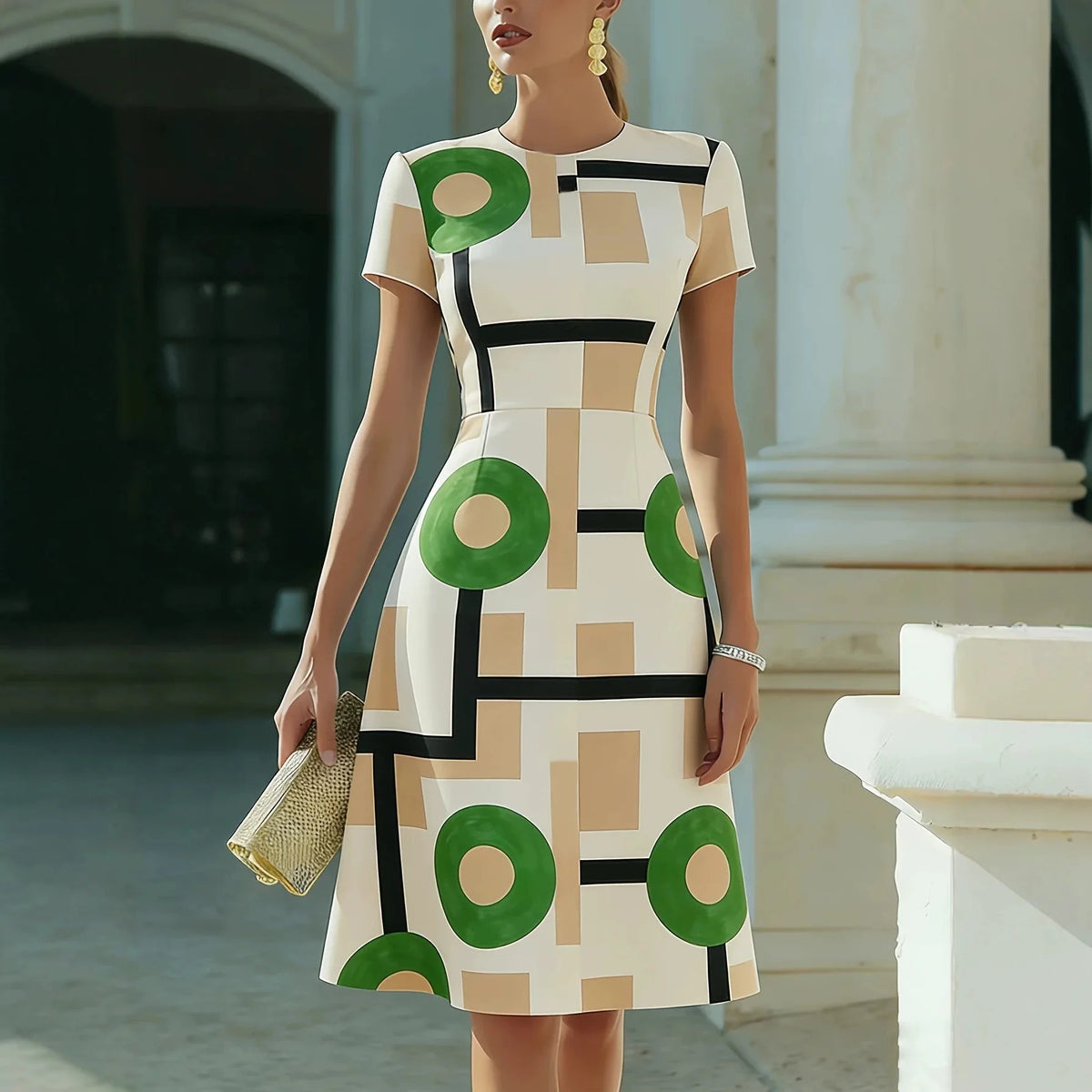 Geometric Print Midi Dress – Short Sleeve A Line Dress with Round Neck, Abstract Pattern, Fitted Waist and Flared Skirt