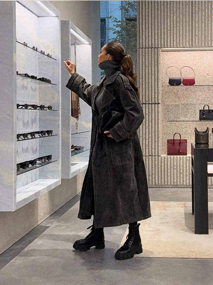 Longline Trench Coat, Belted Faux Leather Coat with Wide Lapels and Relaxed Fit, Elegant Winter Statement Outerwear