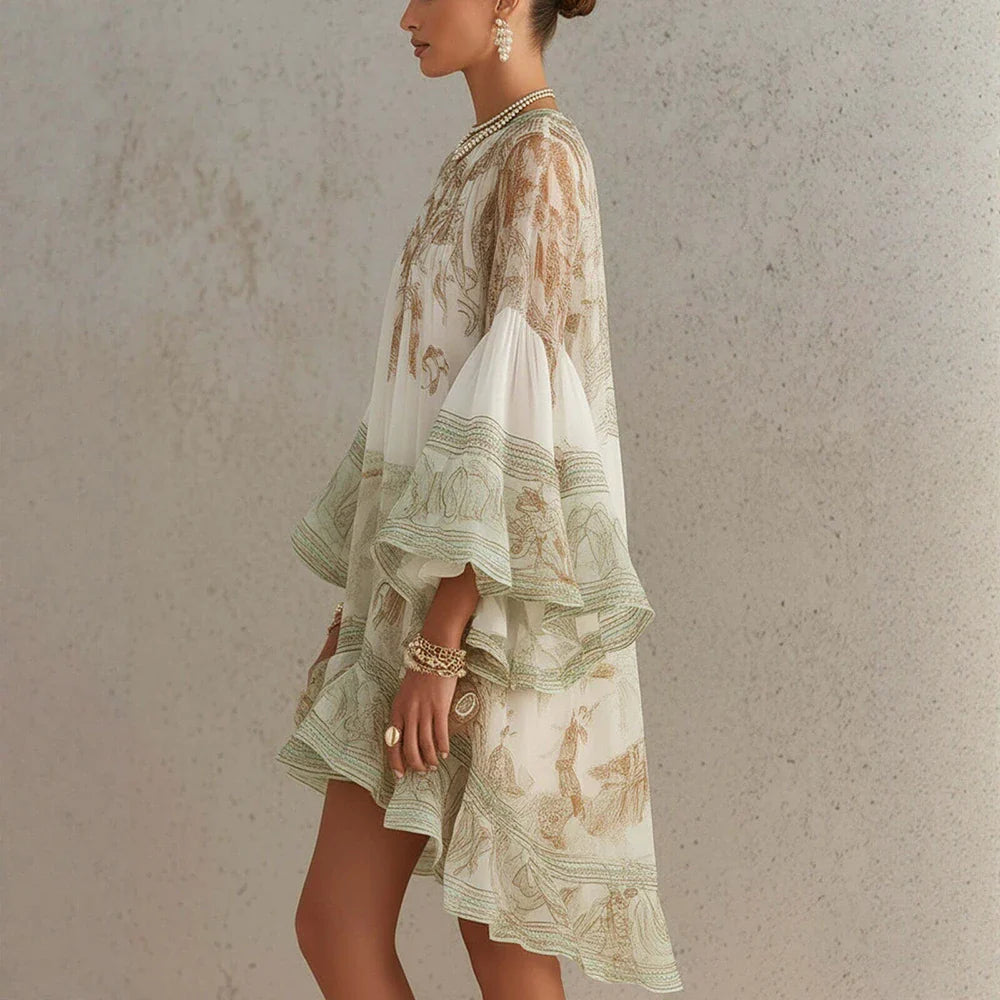 Boho Printed Mini Dress – High Neck Long Sleeve Dress with Flared Bell Sleeves, Relaxed Silhouette and Artistic Pattern for Vacations & Events