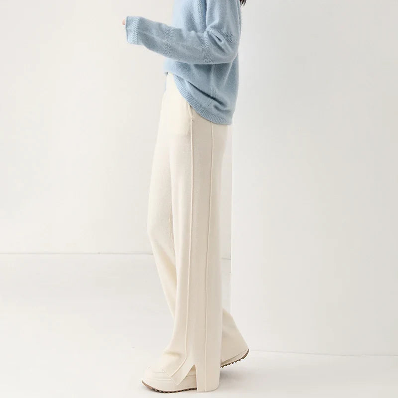 High Waisted Wide Leg Knit Pants Relaxed Fit Flowing Trousers Stretchy Casual Lounge Bottoms Minimalist Style