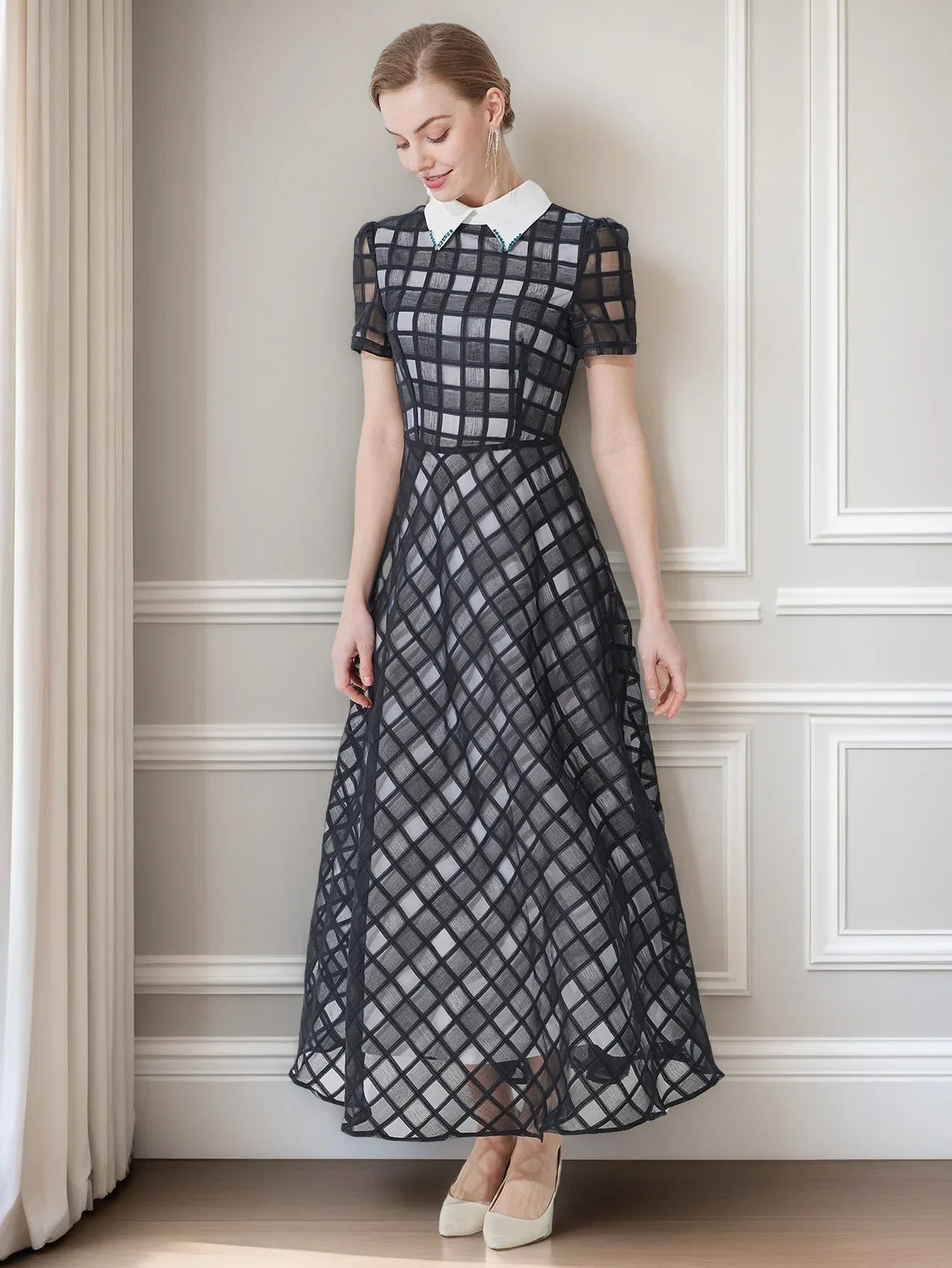 Plaid Maxi Dress – Short Sleeve High Neck A-Line Dress with Fitted Bodice and Flowing Full Skirt for Weddings, Brunch & Special Events