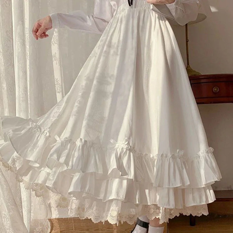 High Waisted Pleated Maxi Skirt Ruffle Hem Long A Line Skirt Layered Gothic Vintage Inspired Full Length Casual