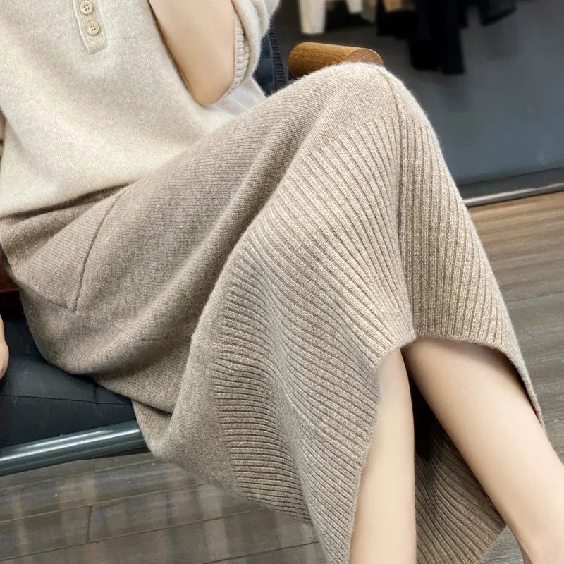 High Waisted Knit Midi Skirt Ribbed Pencil Skirt Straight Fit Long Skirt Front Pocket Detail Casual Office Workwear