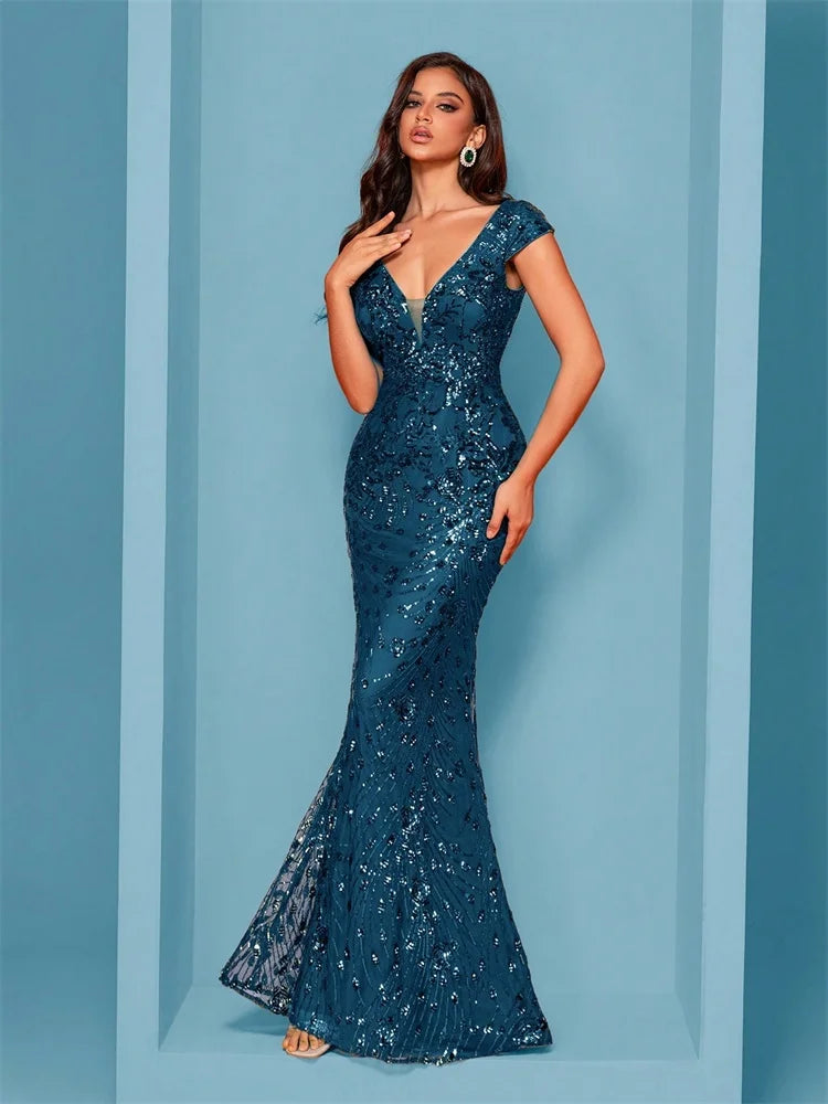 Sequin Mermaid Gown – V-Neck Short Sleeve Maxi Dress with Embellished Bodice, Figure-Hugging Fit and Flared Floor-Length Hem