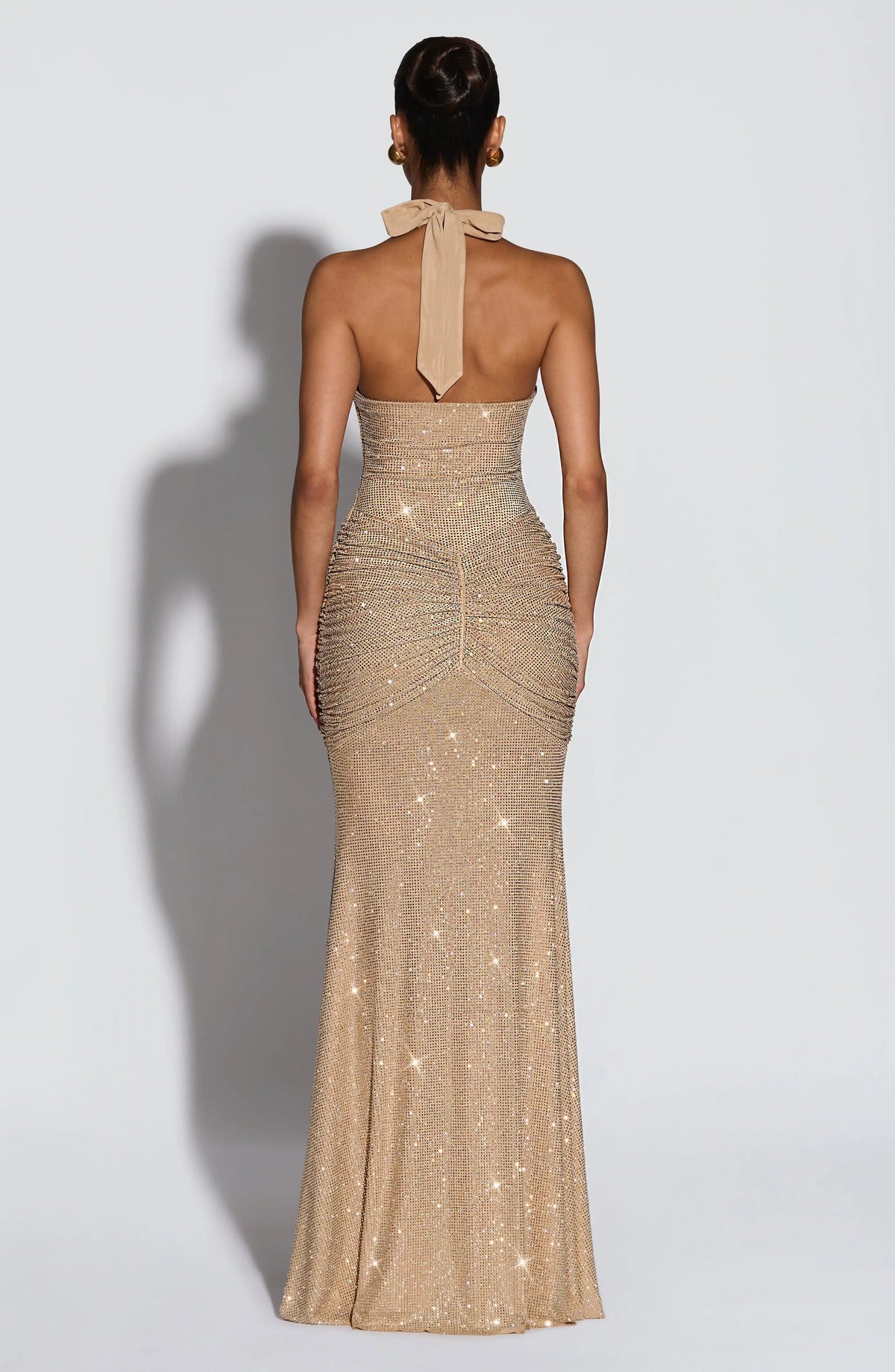 Halter Neck Sequin Maxi Dress – Deep Plunge Evening Gown with All-Over Sparkle, Ruched Bodycon Silhouette and Floor-Length Draped Skirt