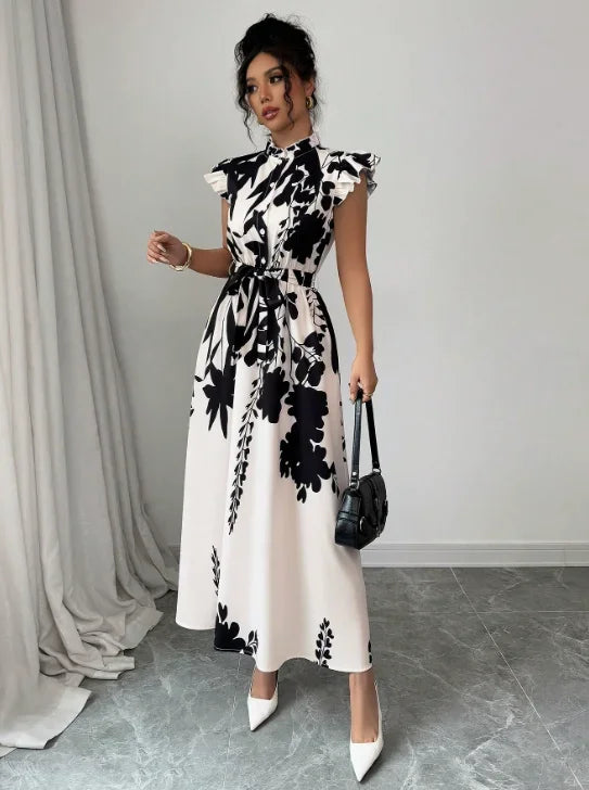 Floral Maxi Dress – Short Sleeve V-Neck Dress with Defined Waist, Tie Detail, Flowing Skirt and Elegant Botanical Print for Events