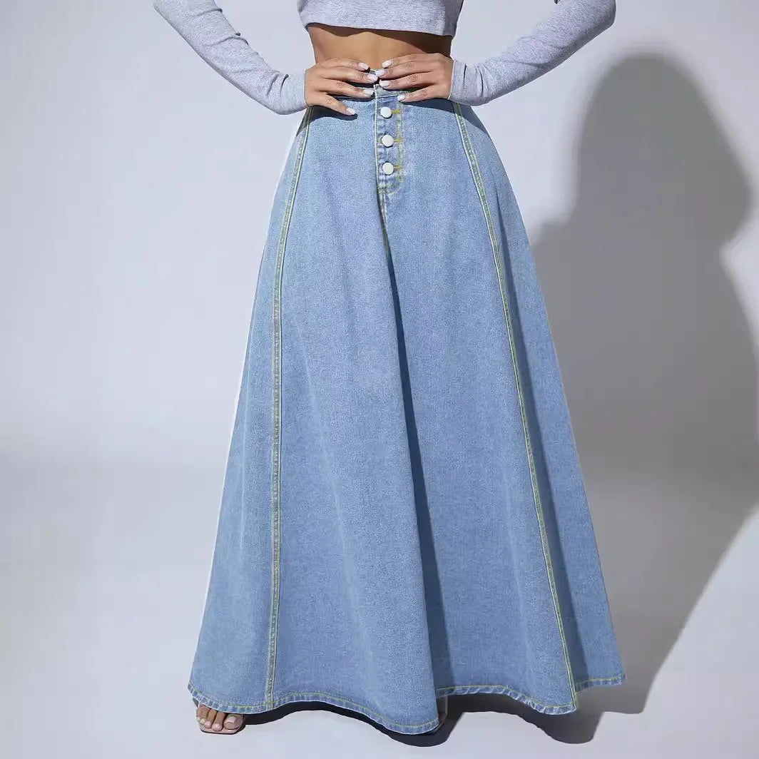 High Waisted Denim Maxi Skirt A Line Long Jean Skirt Flared Full Length Panelled Casual Streetwear Vintage Inspired