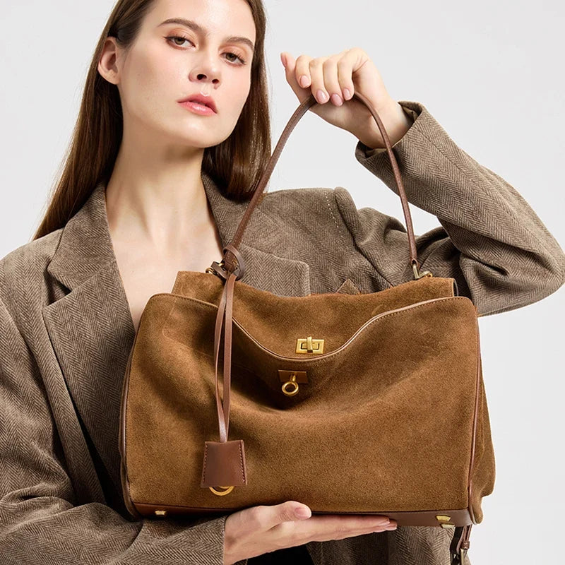 Vintage Suede Handbag, Structured Satchel Purse with Top Handles, Elegant Shoulder Bag with Flap Closure for Work, Travel & Everyday Use