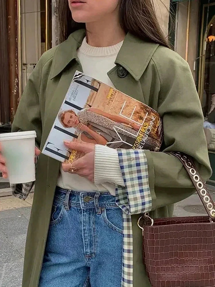 Long Belted Trench Coat with Plaid Lining, Classic Lapel Overcoat, Double-Breasted Longline Jacket for Fall