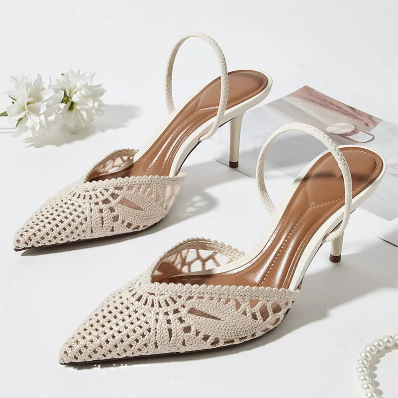 Crochet Slingback Heels | Pointed Toe Mesh Pumps | Elegant Low Heel Summer Dress Shoes