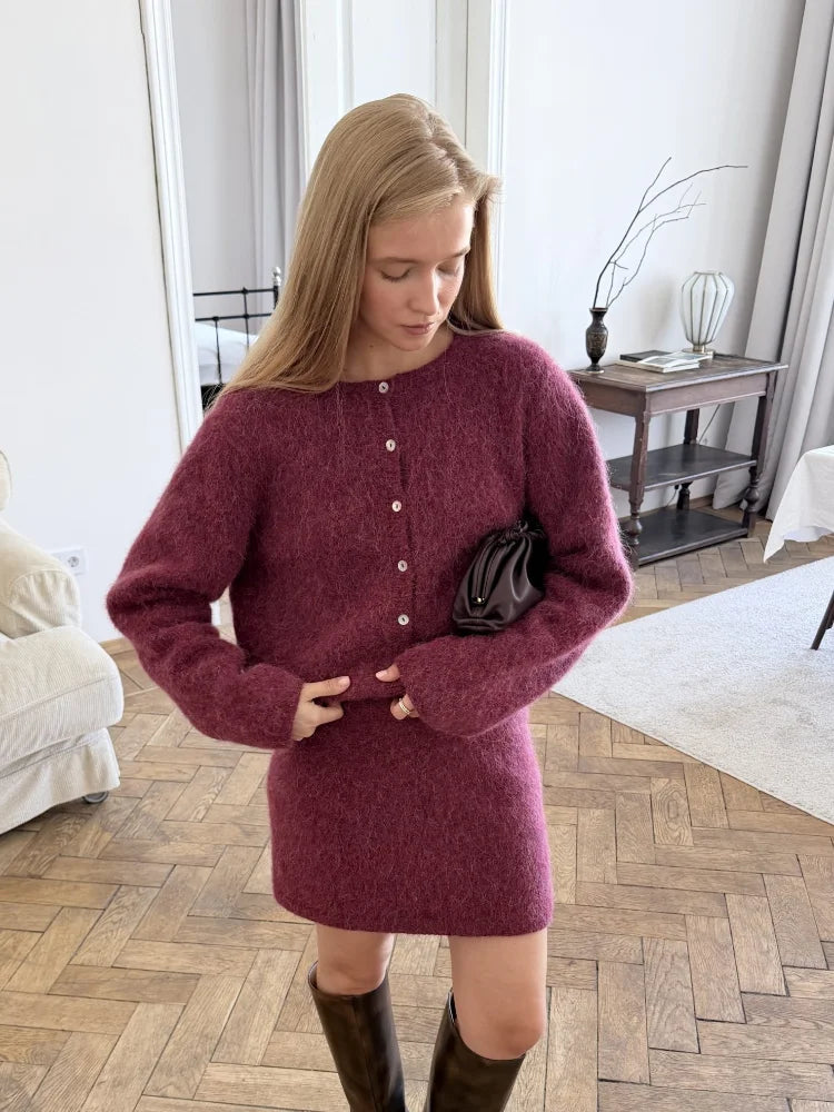 Button Front Knit Cardigan & Mini Skirt Co-Ord Set | Long Sleeve Two Piece Outfit | Cozy Fall & Winter Matching Set