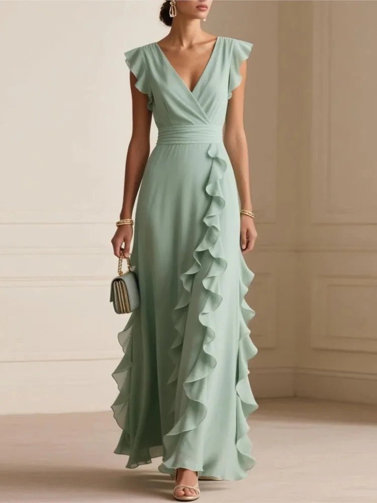 Ruffle Maxi Dress – V-Neck Ruched Waist Gown with Cascading Side Ruffles and Flowy Floor-Length Silhouette for Weddings & Events
