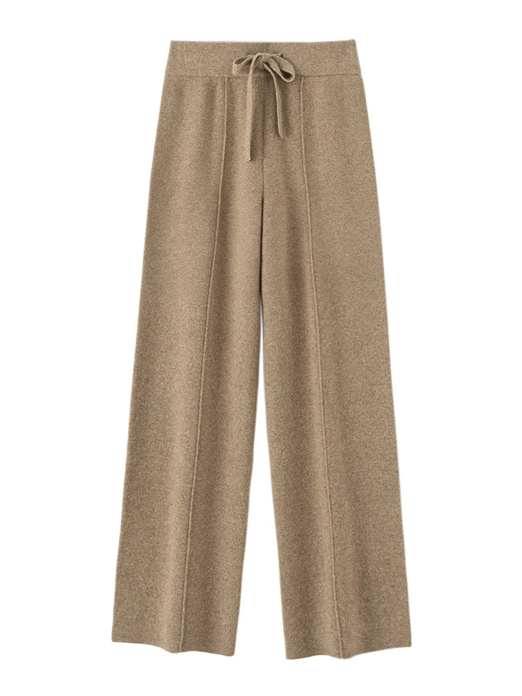 High Waisted Wide Leg Knit Pants Drawstring Relaxed Fit Straight Leg Trousers Soft Stretch Casual Lounge Bottoms