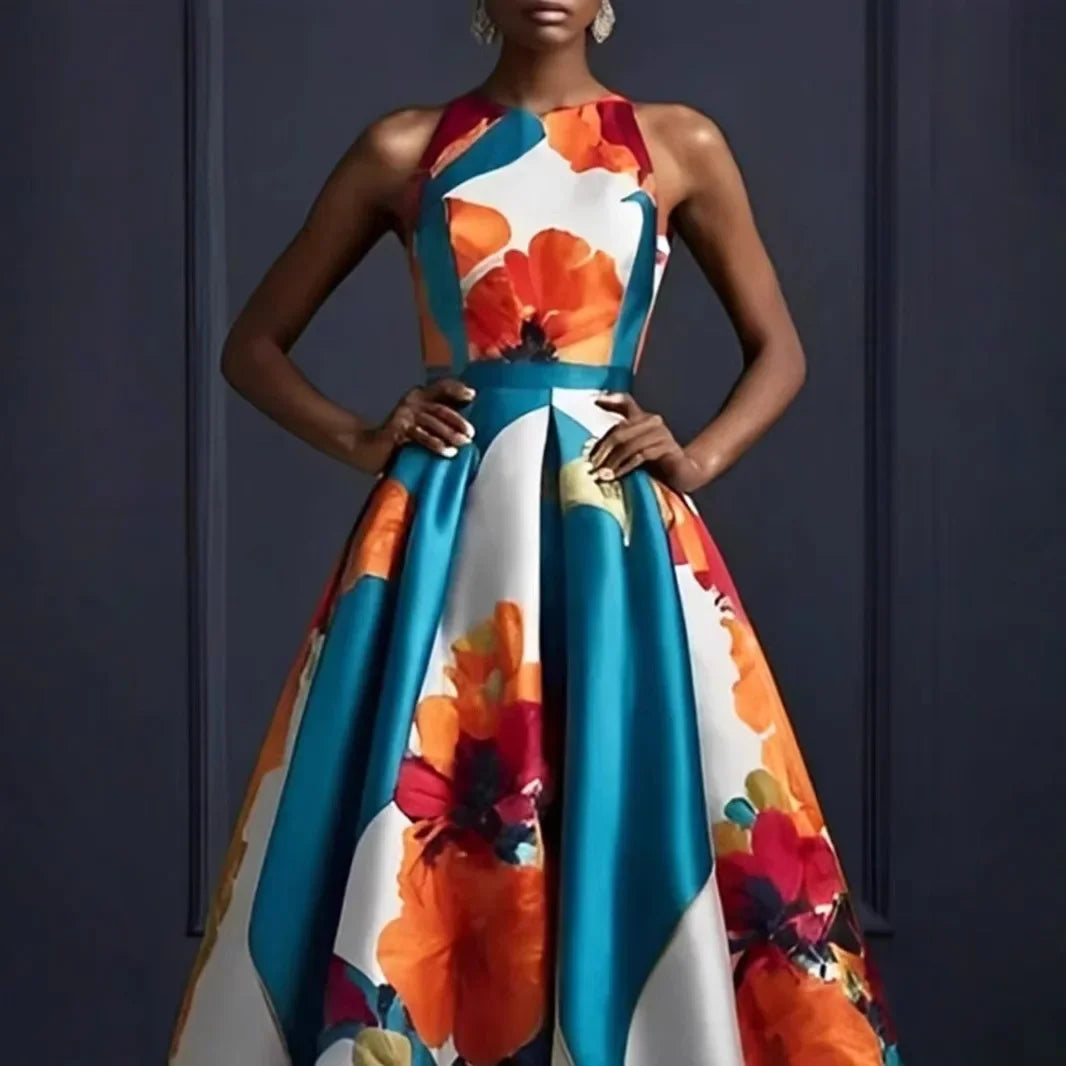 Floral Ball Gown – Strapless A-Line Maxi Dress with Corset-Style Bodice, Full Skirt and Dramatic Train for Weddings & Galas